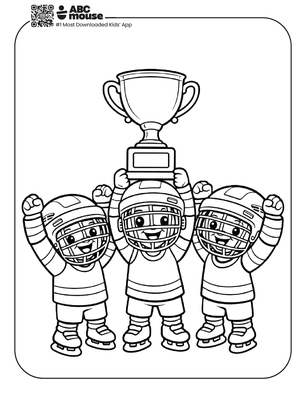Free printable hockey players holding up trophy coloring page for kids from ABCmouse.com.