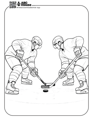 Free printable realistic hockey players going head to head coloring page for kids from ABCmouse.com.
