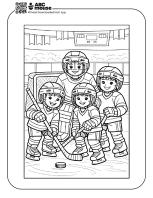 Free printable realistic hockey team coloring page for kids from ABCmouse.com.