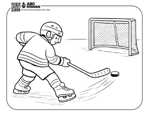Free printable realistic hockey player shooting for a goal coloring page for kids from ABCmouse.com.