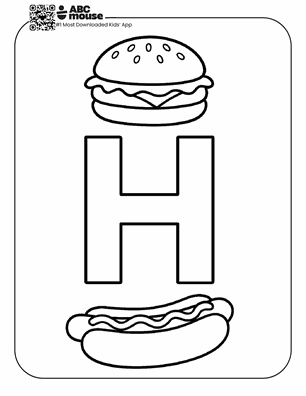 Free printable letter H is for hamburger and hot dog coloring page for kids from ABCmouse.com.