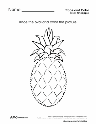 Free printable oval pineapple tracing coloring worksheets for kids from ABCmouse.com.