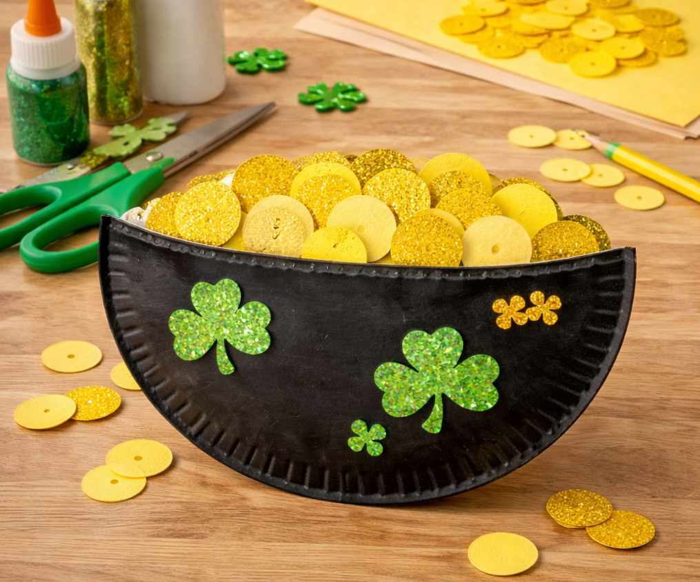 St. Patrick’s Day pot of gold craft made from a black paper plate filled with gold glitter coins, decorated with green shamrocks and craft supplies on a table.