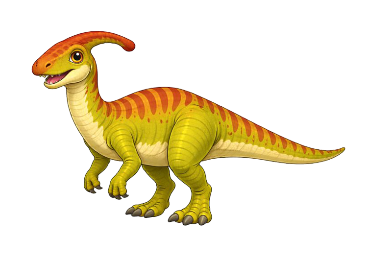 Colorful cartoon dinosaur with a long tail and a curved crest on its head.