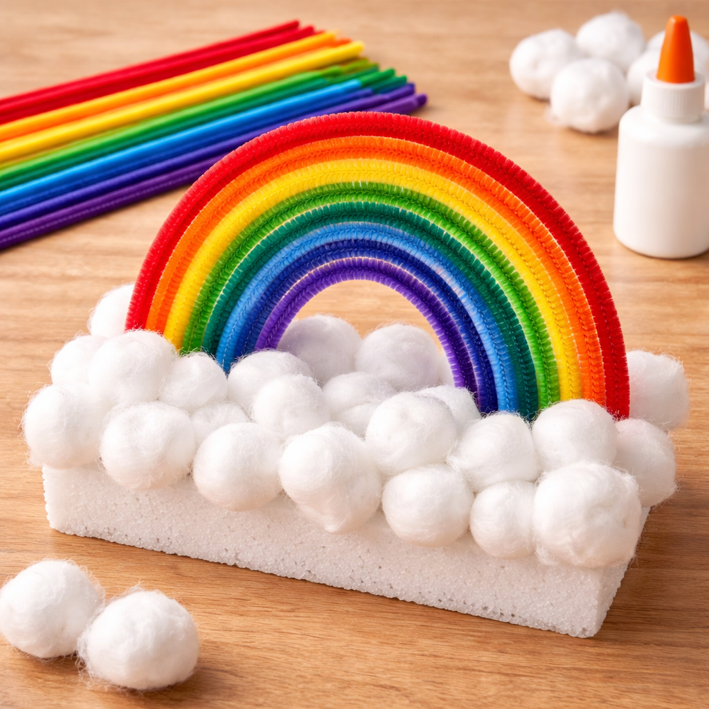 Rainbow craft made from colorful pipe cleaners attached to a foam base, surrounded by fluffy white cotton ball clouds and craft supplies.