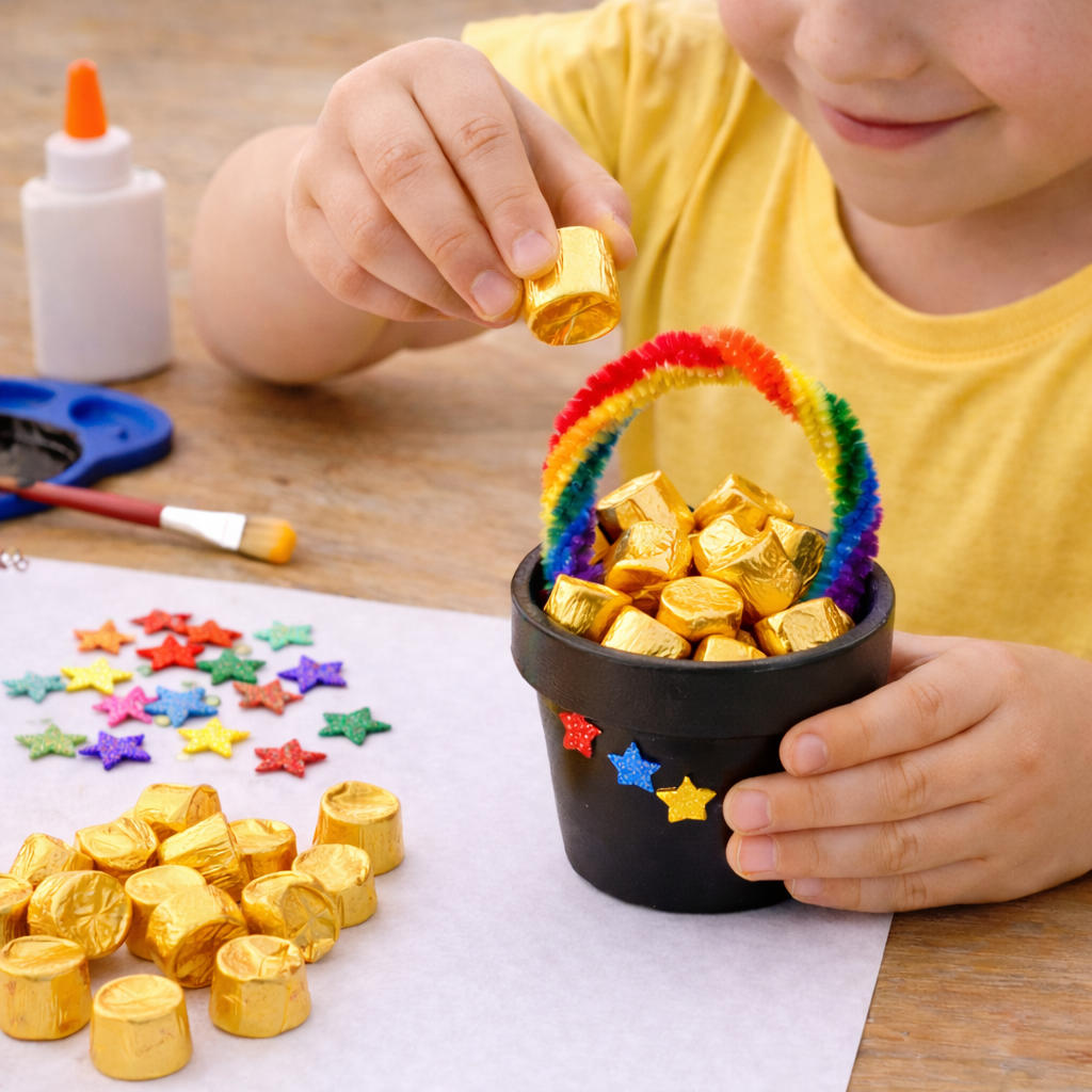 Child placing gold chocolate coins into a small black pot craft with a rainbow pipe cleaner handle and colorful star stickers on a table.