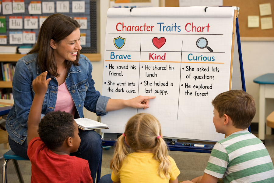 Teacher pointing to a character traits chart while talking with a small group of students.