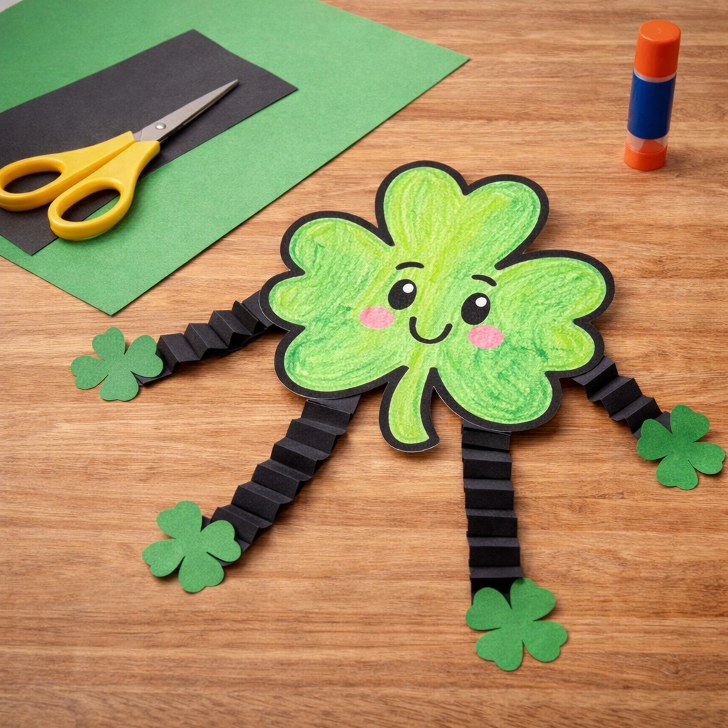 Smiling shamrock craft with accordion-folded black paper legs and small green shamrocks, placed on a table with scissors, paper, and glue.