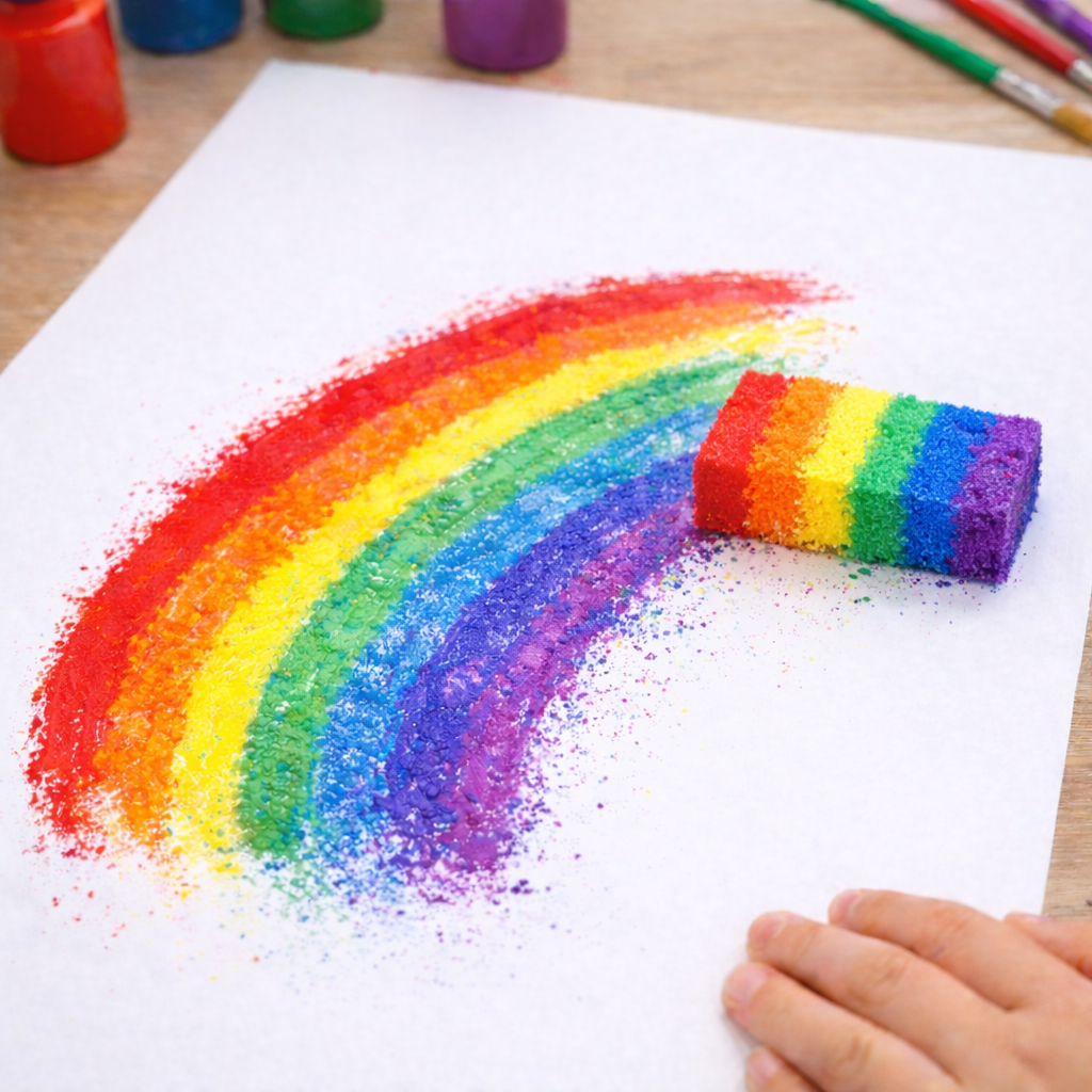 Rainbow painting made with a sponge, showing bright textured color arcs on white paper with the rainbow sponge resting beside the paint.