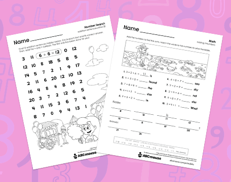 Free printable 1st grade addition pdf worksheets for kids from ABCmouse.com.