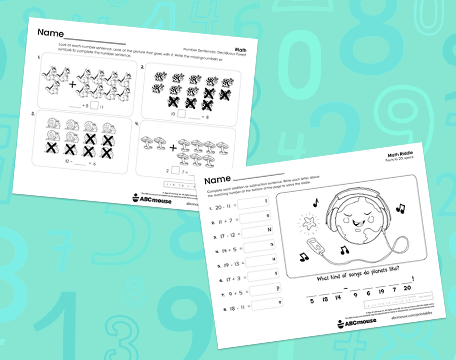 Free printable 1st grade addition and subtraction pdf worksheets for kids from ABCmouse.com.
