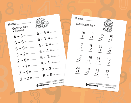 Free printable 1st grade Subtraction pdf worksheets for kids from ABCmouse.com.