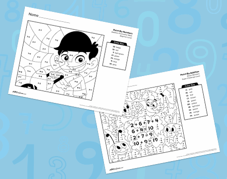 Free printable color by number addition worksheets for first graders from ABCmouse.com.