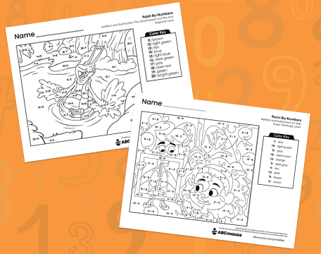 Free printable combined addition and subtraction color by number worksheets for first grade from ABCmouse.com.