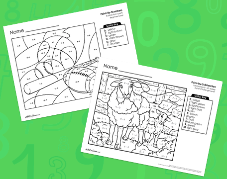 Free printable color by number subtraction worksheets for first grade from ABCmouse.com.