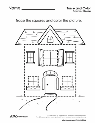 Free printable square house tracing coloring worksheet for kids from ABCmouse.com.