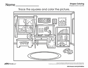 Free printable squares in a bedroom tracing coloring worksheet for kids from ABCmouse.com.