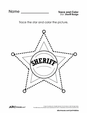 Free printable star sheriff badge tracing coloring worksheet for kids from ABCmouse.com.