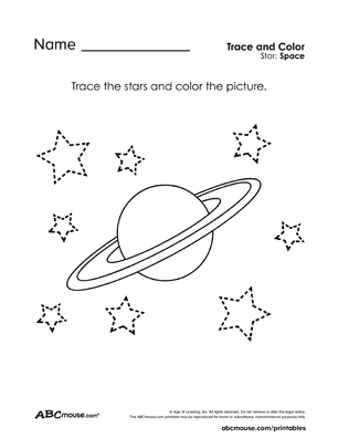 Free printable stars and planet tracing coloring worksheet for kids from ABCmouse.com.