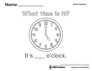 Free printable telling time worksheet (5:00) for kids from ABCmouse.com.