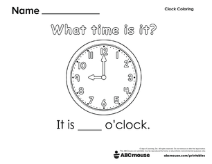 Free printable telling time worksheet (9:00) for kids from ABCmouse.com.