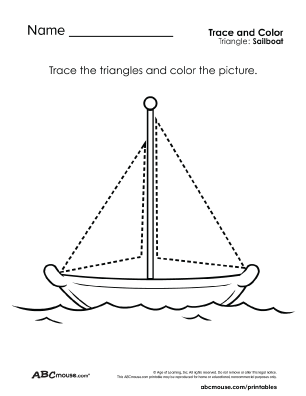 Free printable triangle boat tracing coloring worksheets for kids from ABCmouse.com.