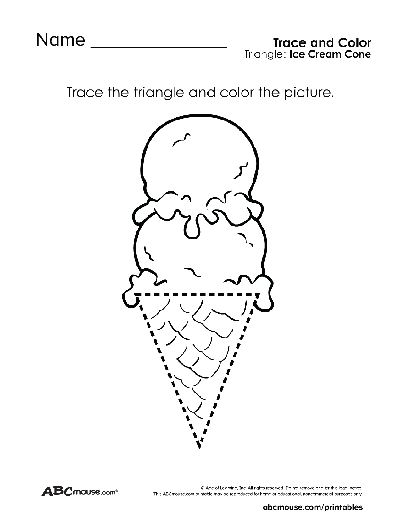 Free printable triangle ice cream tracing coloring worksheets for kids from ABCmouse.com.