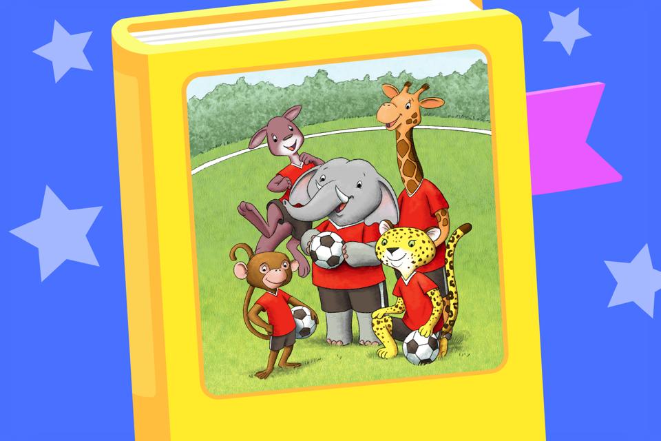 Illustrated book cover showing animal characters, including an elephant holding a soccer ball, standing together on a soccer field.