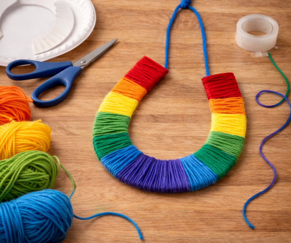 Rainbow yarn horse shoe craft made by wrapping colorful yarn around a paper plate ring, with scissors, tape, and yarn balls on a table.