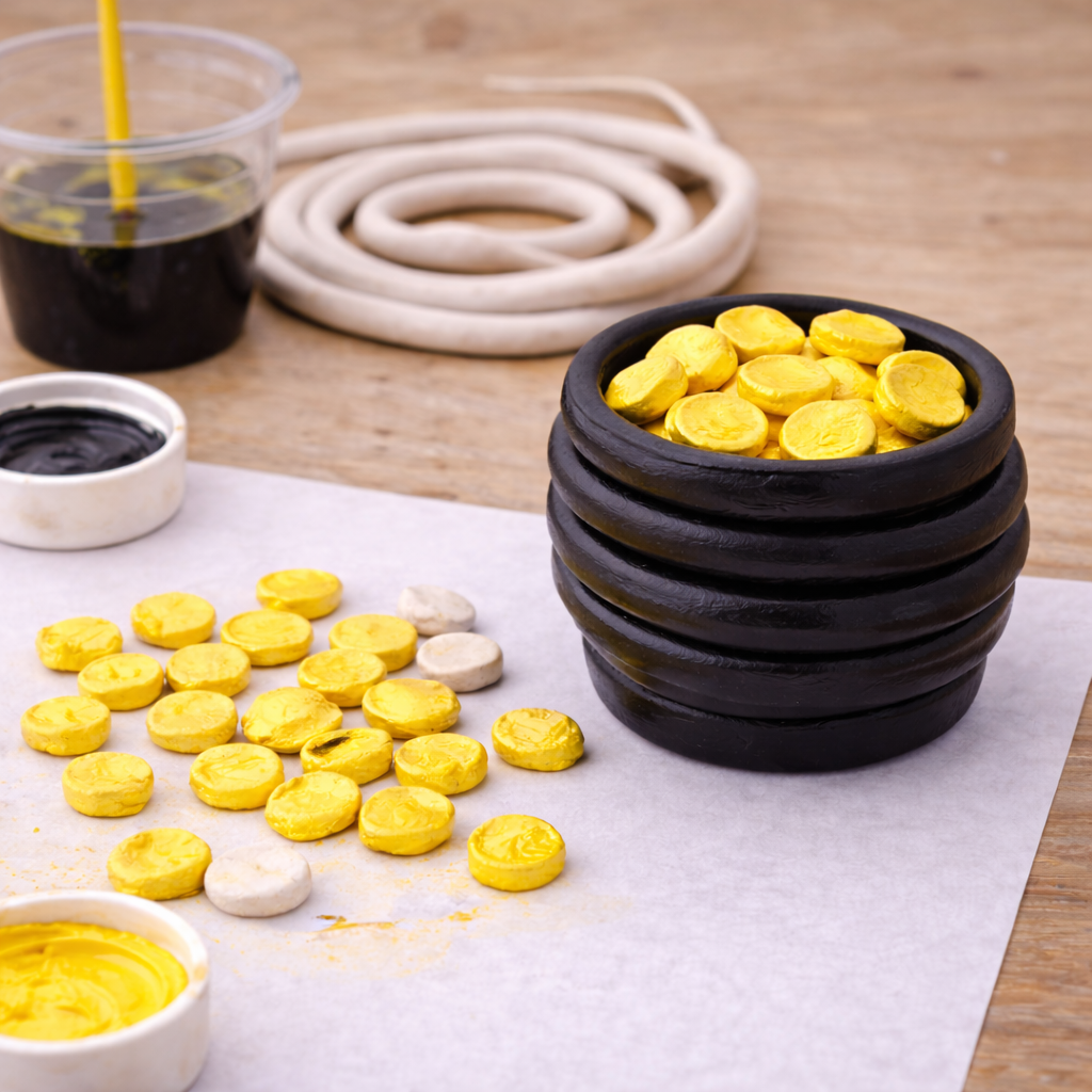Stacked black clay pot craft filled with gold-painted coins, with additional coins, paint, and crafting supplies on a table.