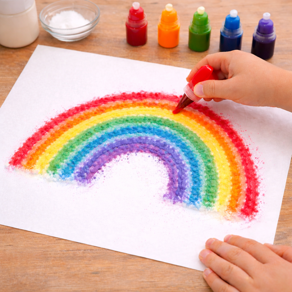 Child creating a textured rainbow painting on white paper using a squeeze bottle, with bright layered rainbow colors forming an arc.