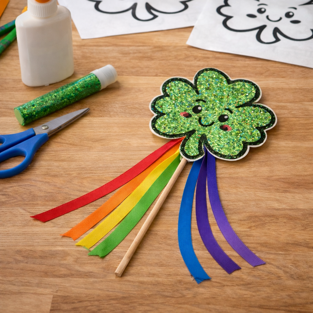 Smiling glitter shamrock wand craft with rainbow ribbon streamers and a wooden stick, lying on a table with scissors and green glitter glue nearby.