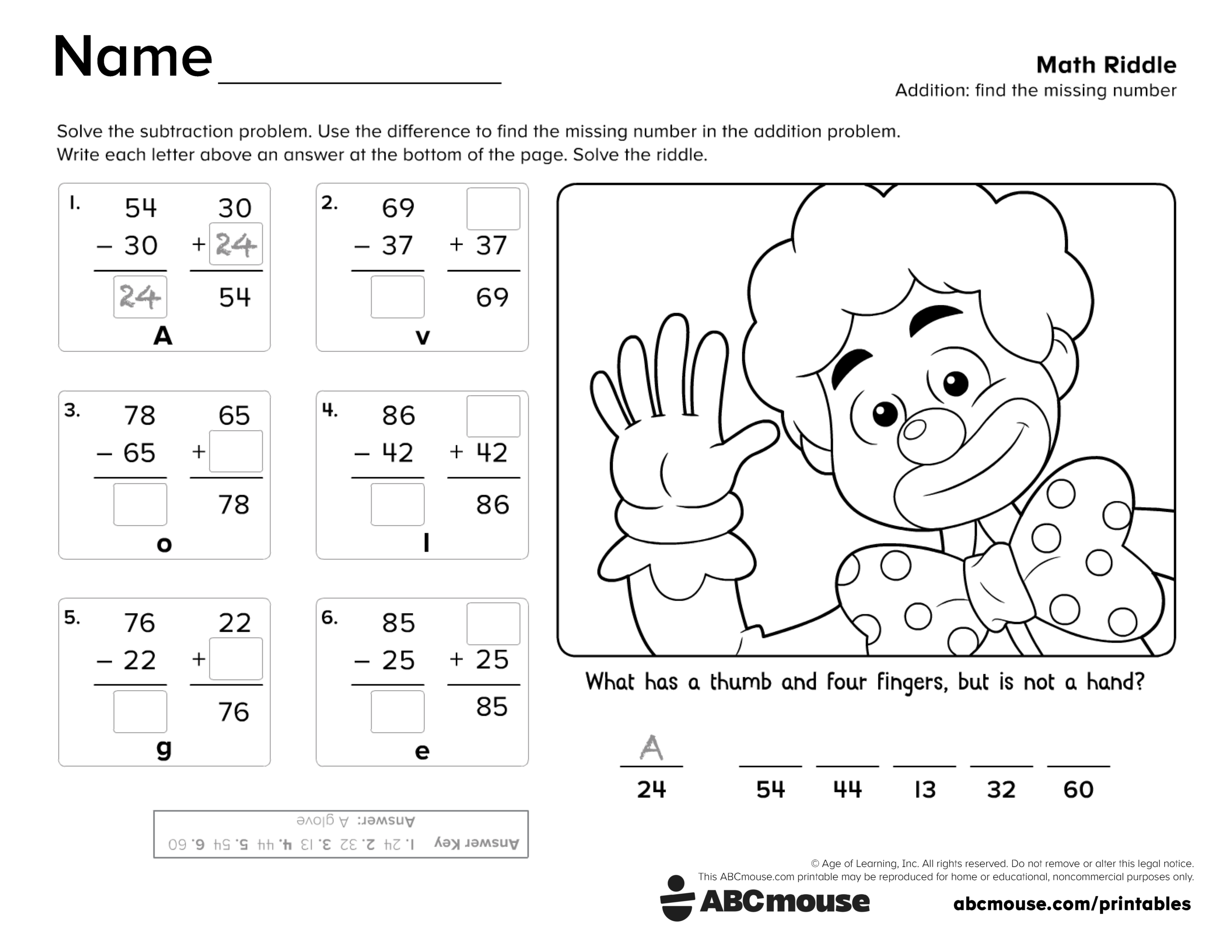 Free printable 2nd grade addition find the missing number worksheet for kids from ABCmouse.com.