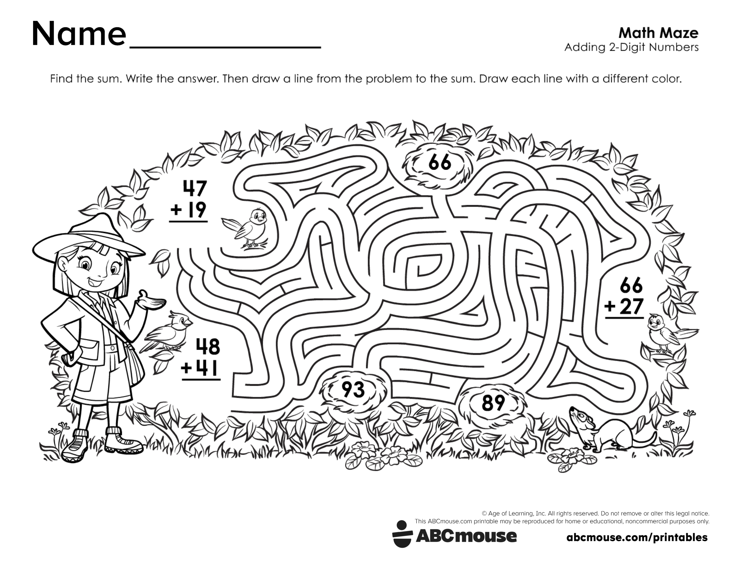 Free printable 2nd grade addition math maze worksheet for kids from ABCmouse.com.