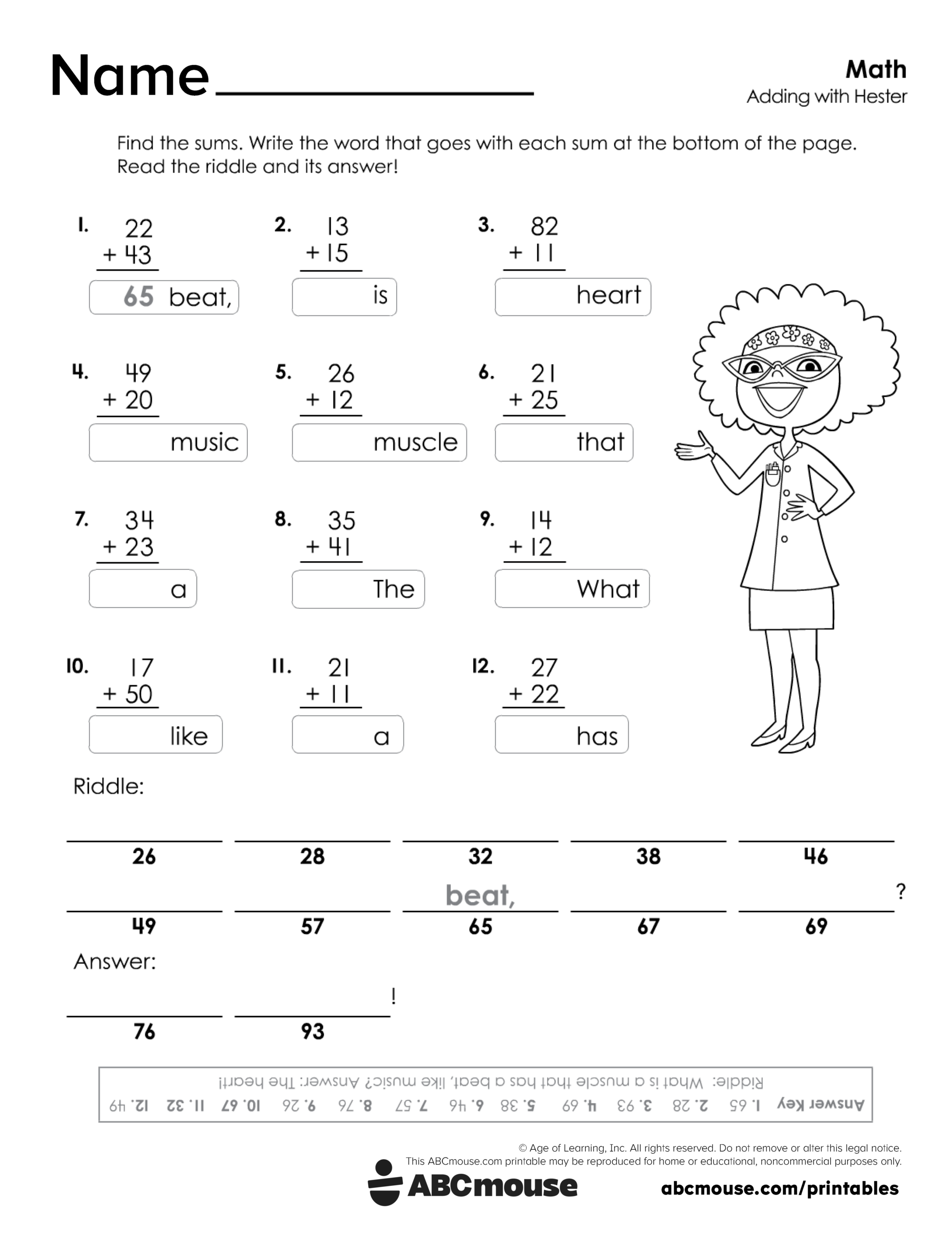 Free printable 2nd grade addition worksheet for kids from ABCmouse.com.