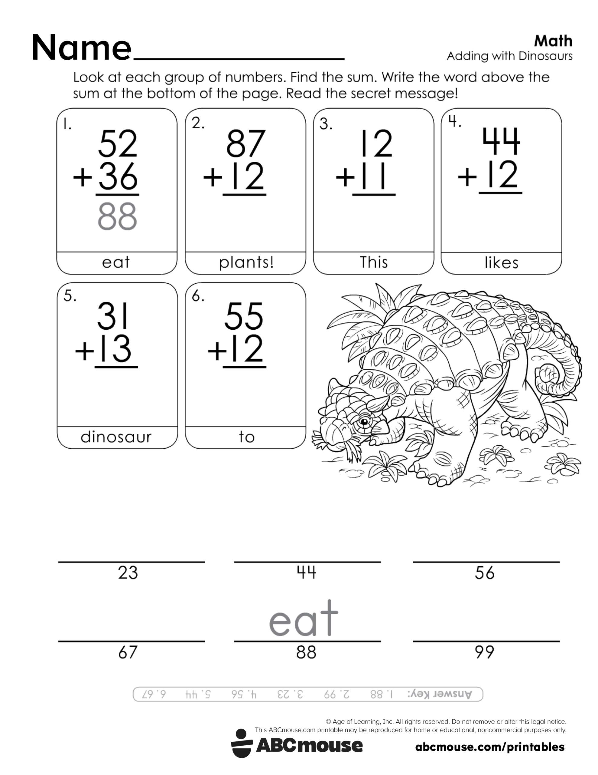 Free printable 2nd grade addition with dinosaurs worksheet for kids from ABCmouse.com.