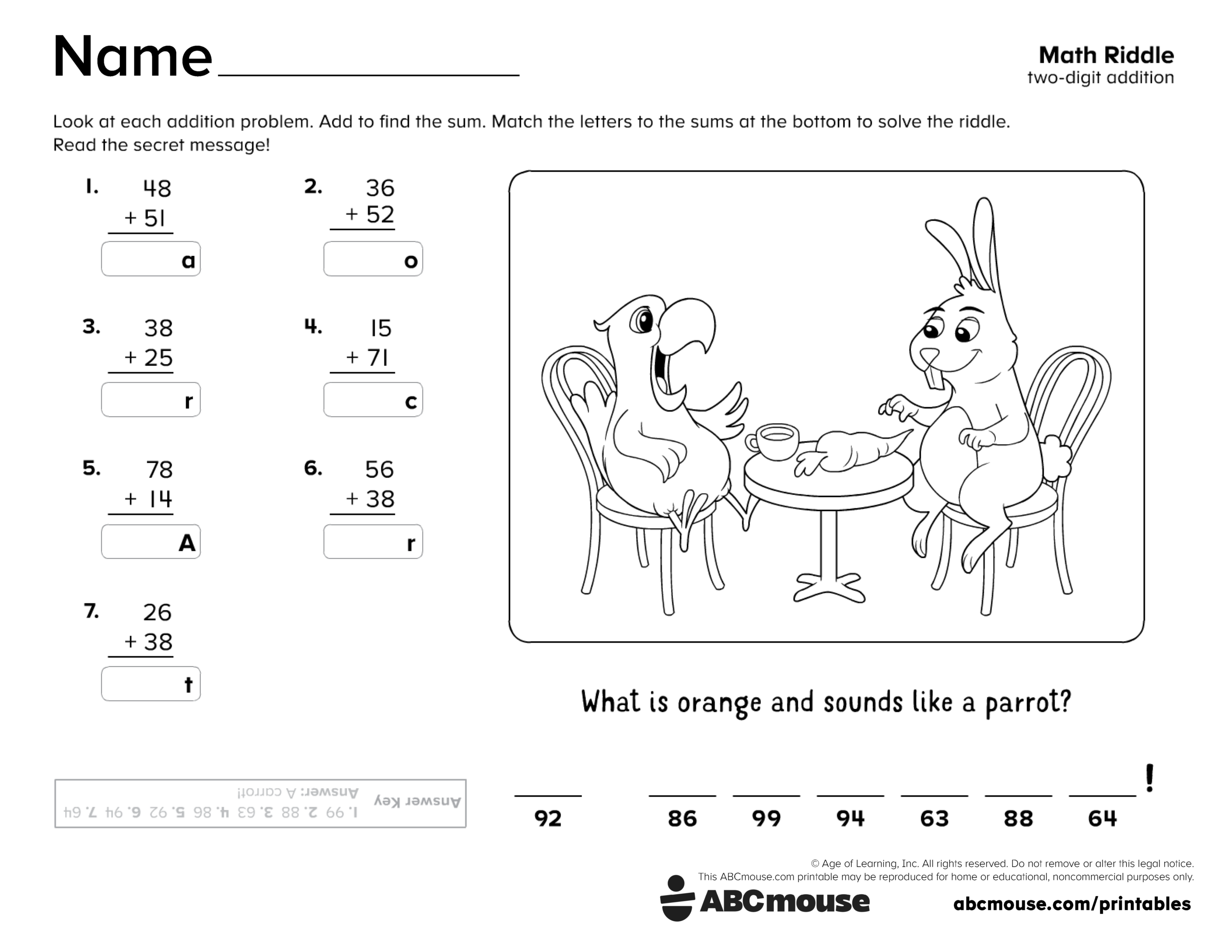 Free printable 2nd grade two digit addition worksheet for kids from ABCmouse.com.