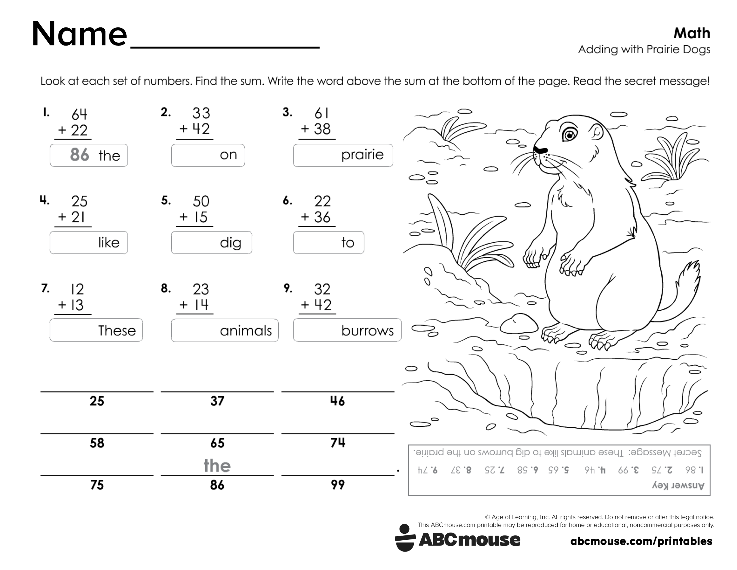 Free printable 2nd grade addition worksheet for kids from ABCmouse.com.