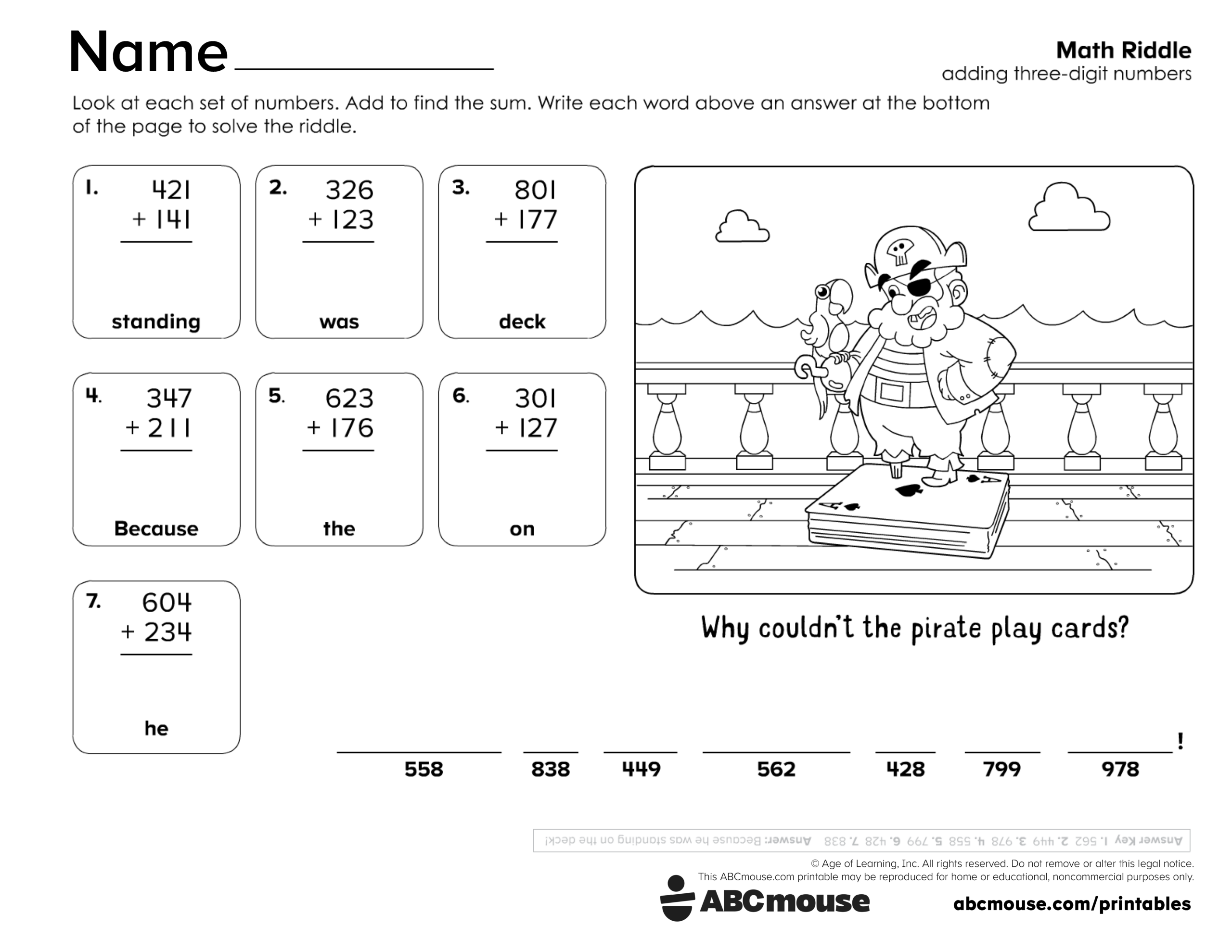 Free printable 2nd grade three digit addition worksheet for kids from ABCmouse.com.