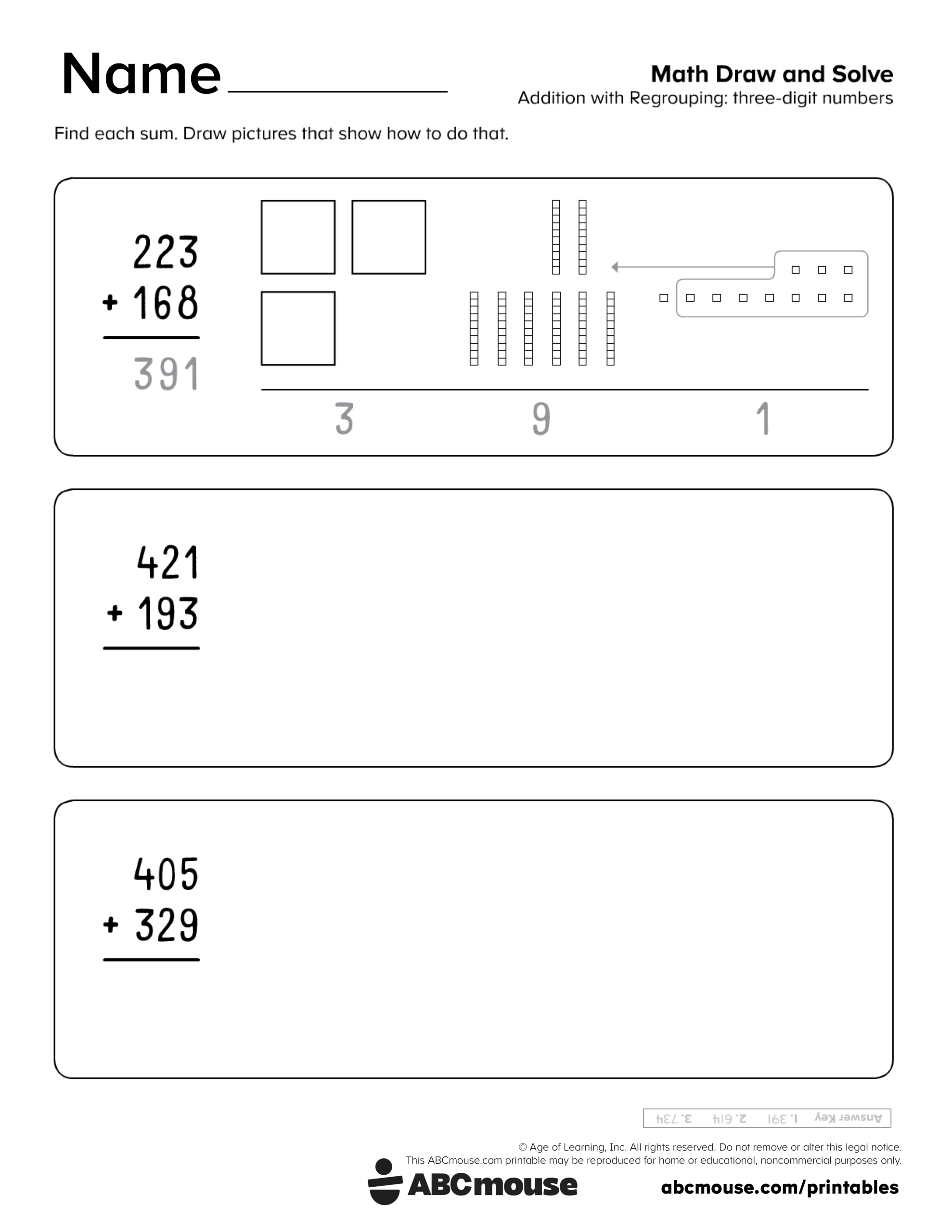 Free printable 2nd grade addition draw and solve worksheet for kids from ABCmouse.com.