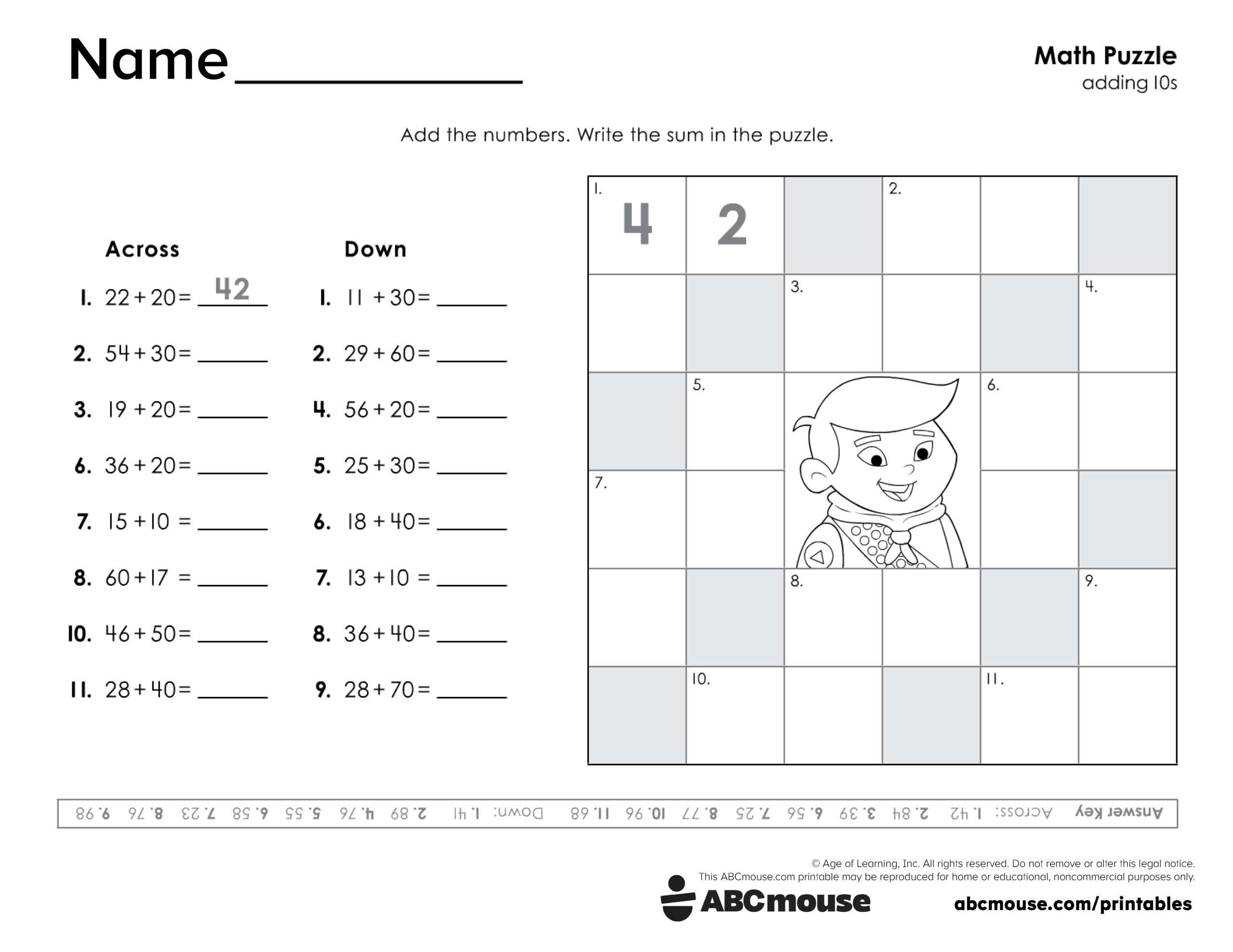 Free printable 2nd grade adding 10s worksheet for kids from ABCmouse.com.