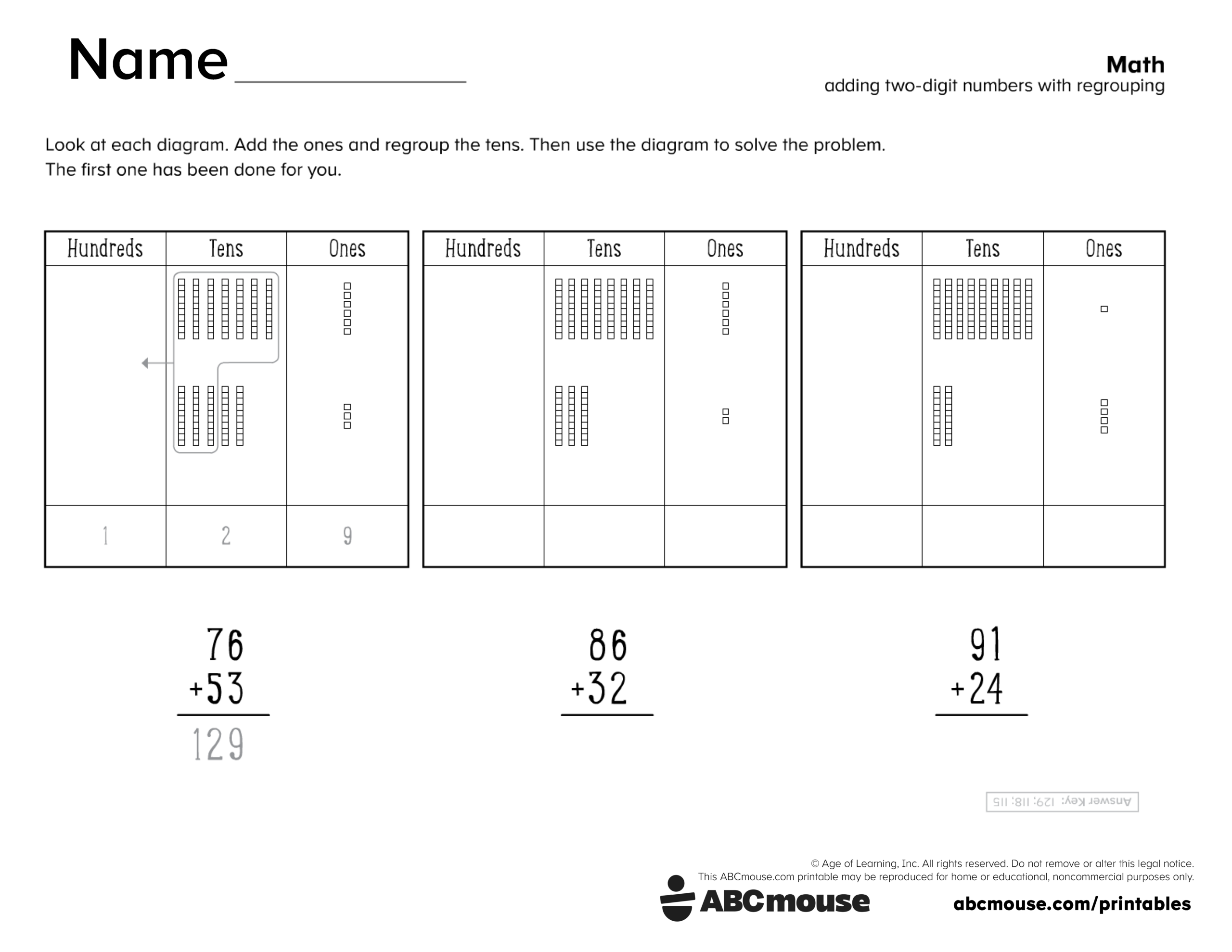Free printable 2nd grade two digit with regrouping addition worksheet for kids from ABCmouse.com.