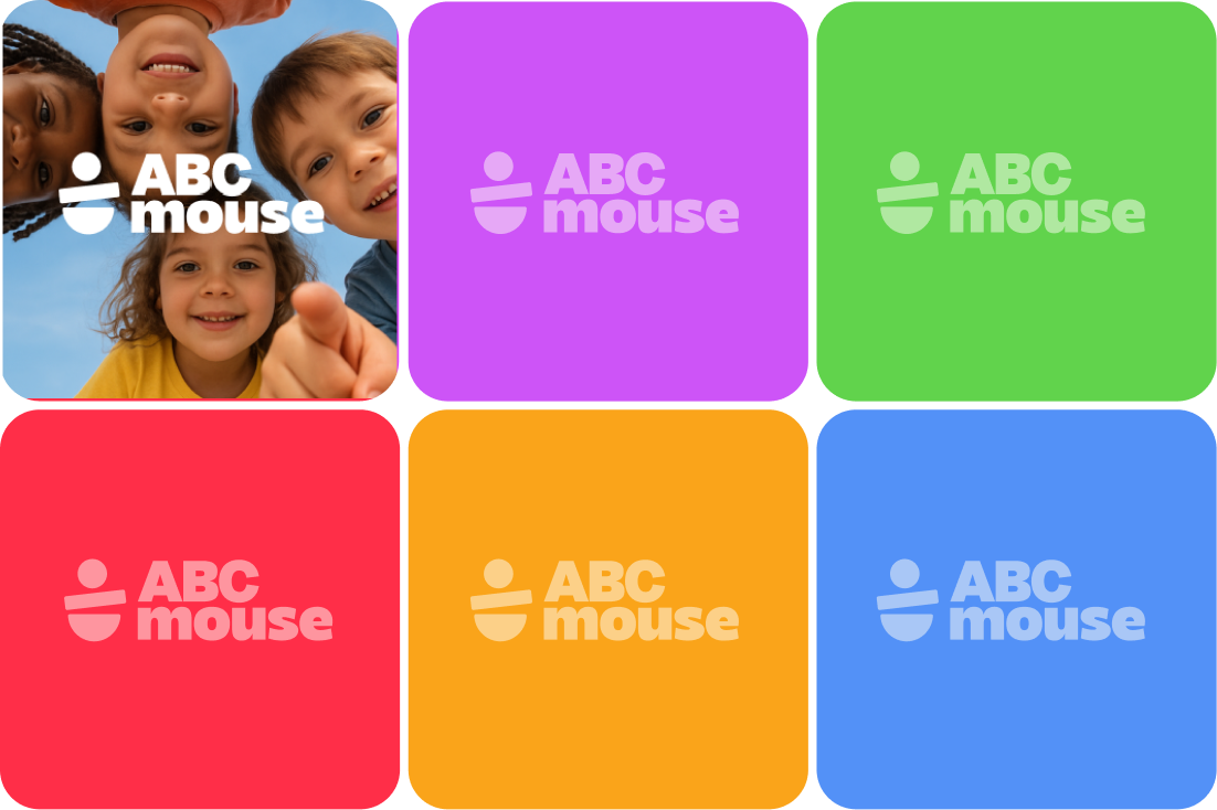Examples of ABCmouse logo usage on photo and solid color backgrounds including purple, green, red, orange, and blue