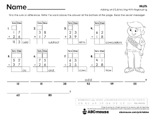 Free printable 2nd grade addition and subtraction with regrouping worksheet for kids from ABCmouse.com.