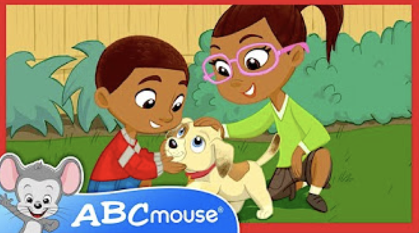 Two children smiling and petting a small puppy outdoors, with the ABCmouse logo displayed below them.