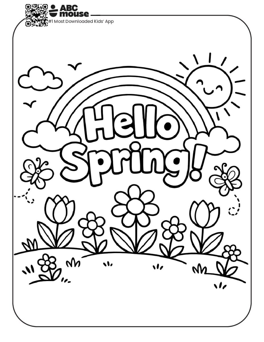 Simple spring scene with flowers and sun Coloring Page | ABCmouse
