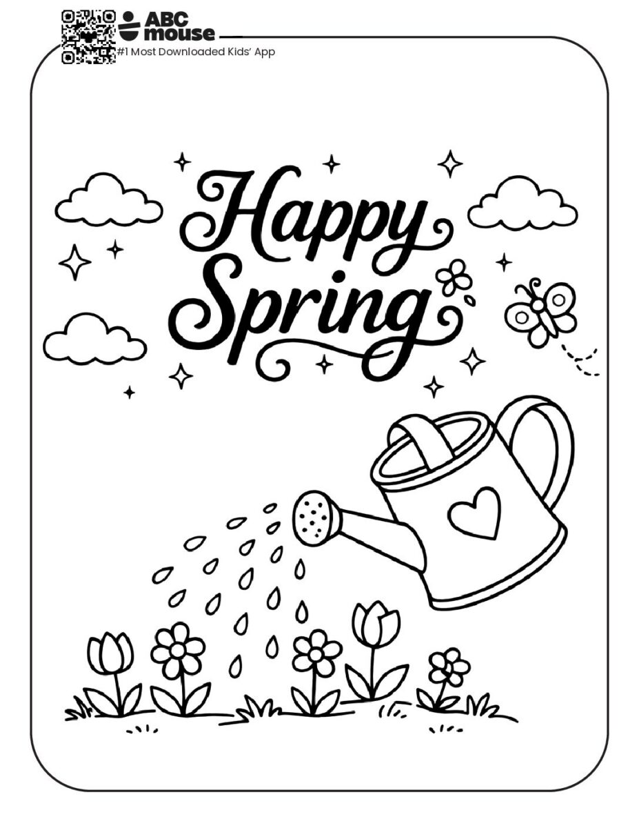 Springtime Abc Mouse Spring-themed Coloring Page with flowers and watering can | ABCmouse