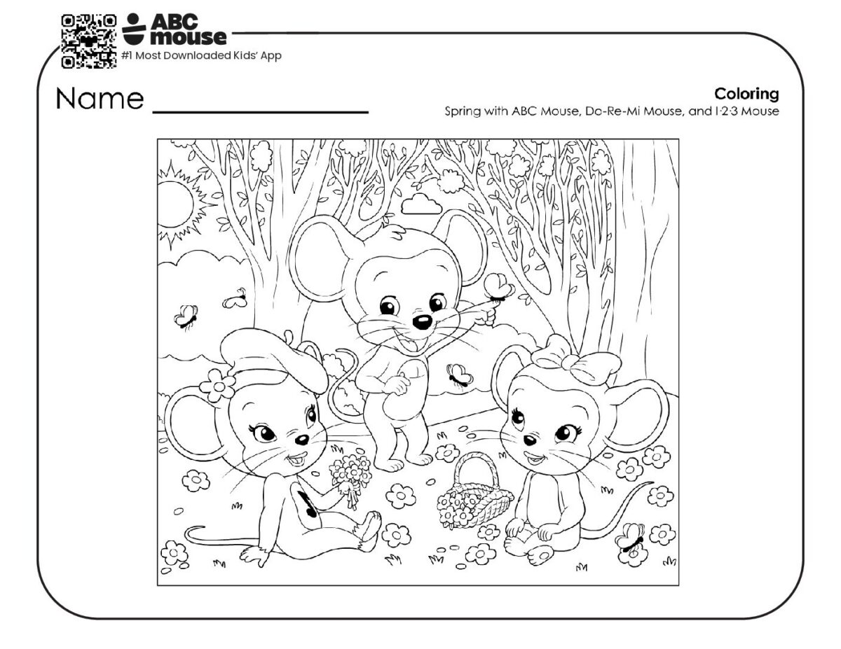 Spring-themed mouse characters Coloring Page | ABCmouse