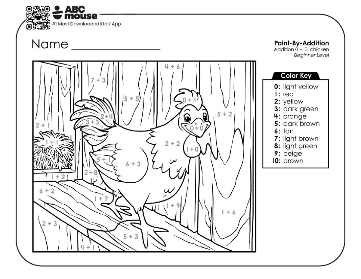 Addition Coloring Page with chicken and color key | ABCmouse