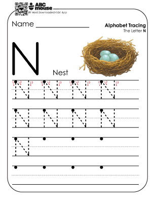Uppercase letter N worksheet and alphabet tracing sheet with a colorful nest